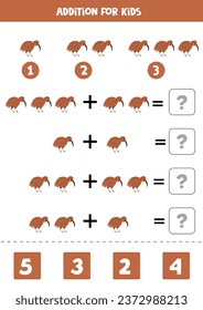 Addition with cute cartoon brown kiwi bird. Educational math game for kids. 