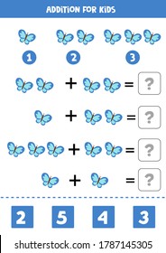 Addition with cute cartoon butterfly. Educational math game for kids. Printable worksheet for children. Learning to add numbers.