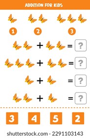Addition with cute cartoon butterfly. Educational math game for kids. 
