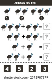 Addition with cute cartoon cassowary. Educational math game for kids. 