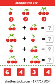 Adición con adorables cerezas de dibujos animados. Juego educativo de matemáticas para niños. Aprender a contar y a agregar. Álgebra elemental para niños.