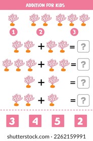 Addition with cute cartoon coral. Educational math game for kids. 