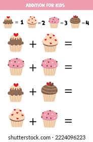 Addition with cute cartoon cupcakes. Educational math game for kids. 