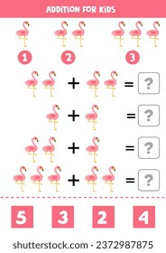 Addition with cute cartoon flamingo. Educational math game for kids. 