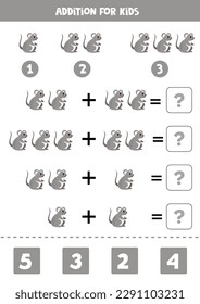 Addition with cute cartoon gray mouse. Educational math game for kids. 