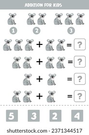 Addition with cute cartoon koala. Educational math game for kids. 