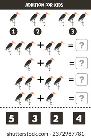 Addition mit süßem Cartoon Marabou Vogel. Erziehungsmathematik für Kinder. 