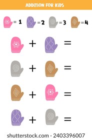 Addition with cute cartoon mittens. Educational math game for kids. 