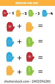 Addition with cute cartoon mittens. Educational math game for kids. 