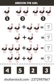 Addition with cute cartoon ostrich. Educational math game for kids. 