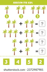 Adición con una bonita palmera de dibujos animados. Juego educativo de matemáticas para niños. 