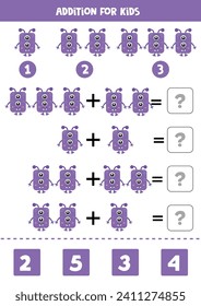 Addition with cute cartoon purple monster. Educational math game for kids. 