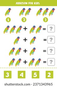 Addition with cute cartoon rainbow lorikeet. Educational math game for kids. 