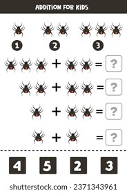 Addition with cute cartoon red back spider. Educational math game for kids. 