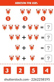Addition with cute cartoon red lobster. Educational math game for kids. 