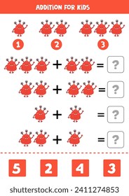 Addition with cute cartoon red monster. Educational math game for kids. 