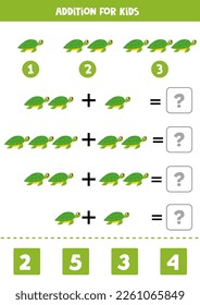 Addition with cute cartoon turtle. Educational math game for kids. 