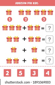 Addition with cute cartoon valentine gift. Educational math game for kids. 