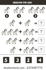 Addition with cute cartoon zebra. Educational math game for kids. 