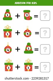 Addition with cute Christmas elements. Educational math game for kids. 