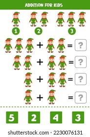 Addition with cute Christmas elves. Educational math game for kids. 