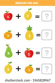 Addition with cute colorful fruits. Educational math game for kids. 