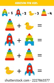 Addition with cute colorful toys. Educational math game for kids. 