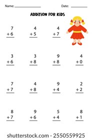 Adición con muñeca linda en vestido rojo. Juego educativo de matemáticas para niños.