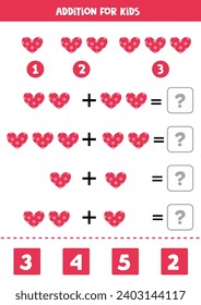 Addition with cute flat pink heart. Educational math game for kids. 