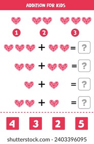 Adición con un lindo corazón rosa plano. Juego educativo de matemáticas para niños. 