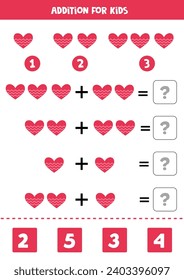 Adición con un lindo corazón rosa plano. Juego educativo de matemáticas para niños. 