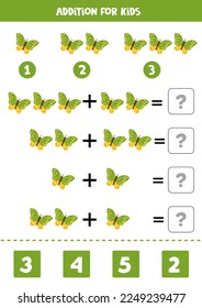 Addition with cute green butterfly. Educational math game for kids. 