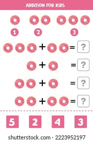 Addition with cute pink cupcake. Educational math game for kids. 