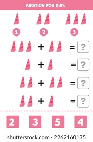 Addition with cute pink seashell. Educational math game for kids. 