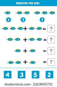 Addition with cute powder blue tang. Educational math game for kids. 