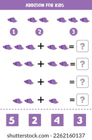 Adición con una linda concha morada. Juego educativo de matemáticas para niños. 