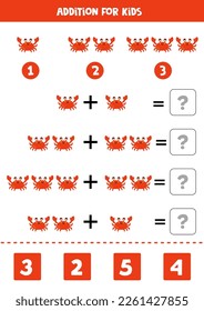 Adición con un lindo cangrejo rojo. Juego educativo de matemáticas para niños. 