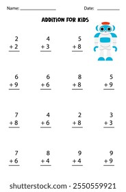 Adición con el robot lindo. Juego educativo de matemáticas para niños.