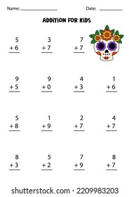 Addition with cute skull. Educational math game for kids. 