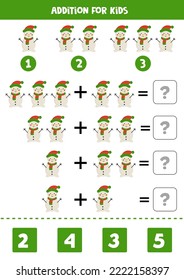 Addition with cute snowman. Educational math game for kids. 