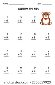 Adición con lindo oso de peluche. Juego educativo de matemáticas para niños.