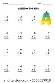 Adición con pirámide de juguete lindo. Juego educativo de matemáticas para niños.