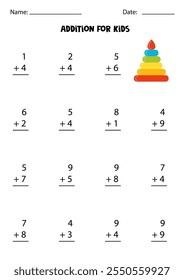 Adición con pirámide de juguete lindo. Juego educativo de matemáticas para niños.