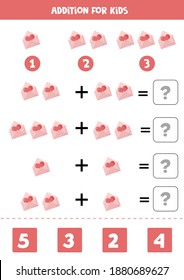 Addition with cute valentine envelope with heart. Educational math game for kids. 