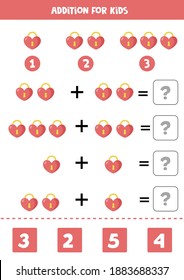 Addition with cute valentine lock in shape of heart. Educational math game for kids. 