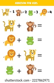 Adición con lindos animales salvajes. Juego educativo de matemáticas para niños. 