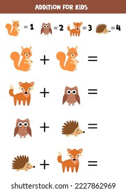 Addition with cute woodland animals. Educational math game for kids. 