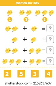 Addition with cute yellow bird. Educational math game for kids. 