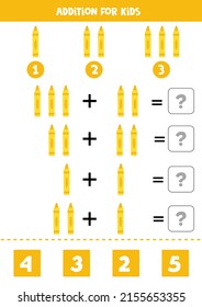 Adición con un lindo crayón amarillo. Juego educativo de matemáticas para niños. 