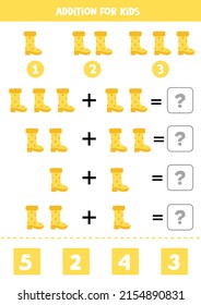 Addition with cute yellow garden boot. Educational math game for kids. 